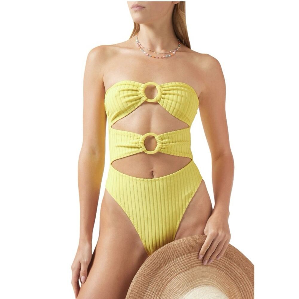 Solid & Striped Yellow Ribbed Strapless One Piece Swimsuit